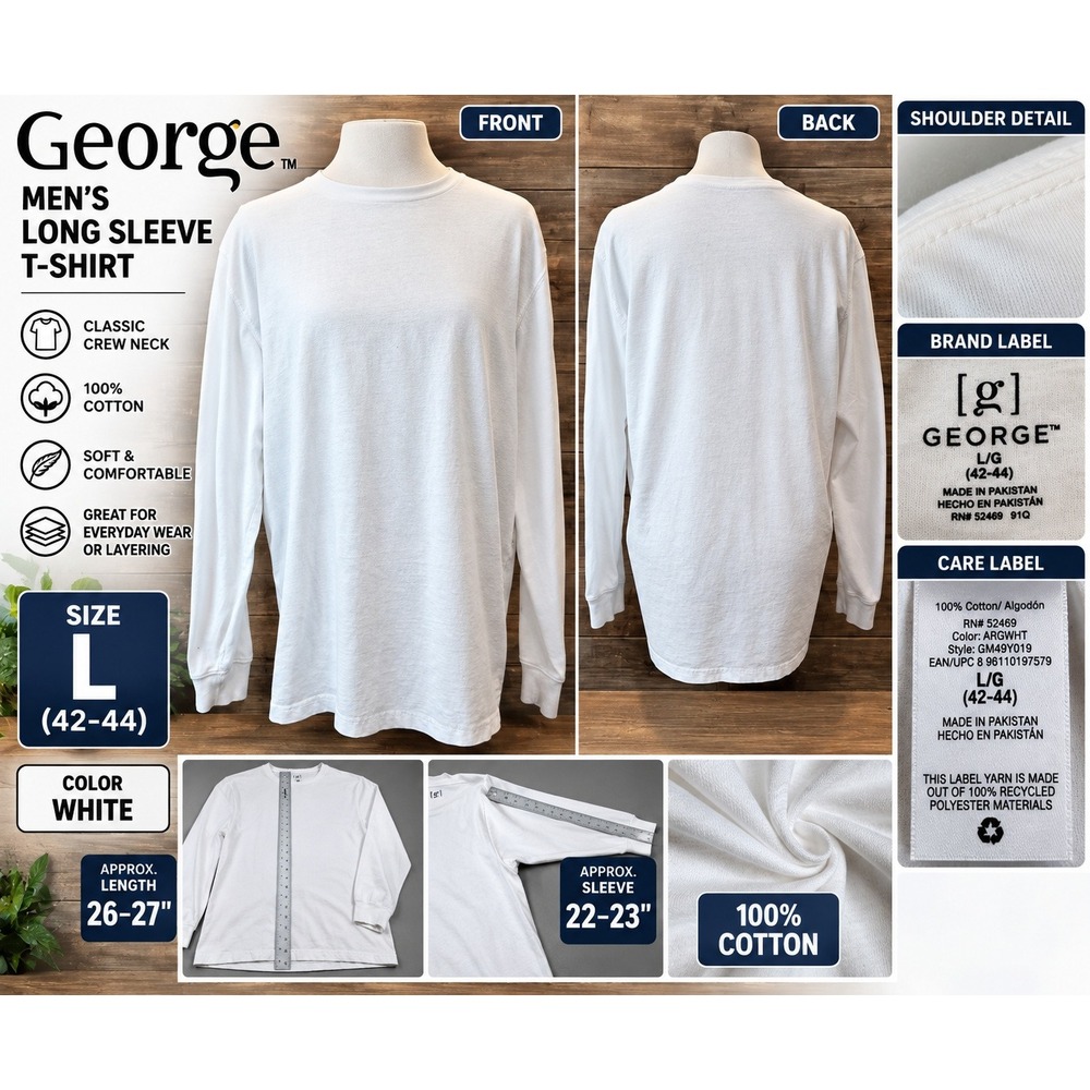 George Mens Long Sleeve T-Shirt White 100% Cotton Crew Neck Size L GM49Y019